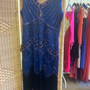 Dance dress, heavily beaded and stoned dark blue flapper style, Size XL
